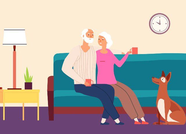 cartoon of elderly couple enjoying some coffee on the couch with their dog sitting in front of them