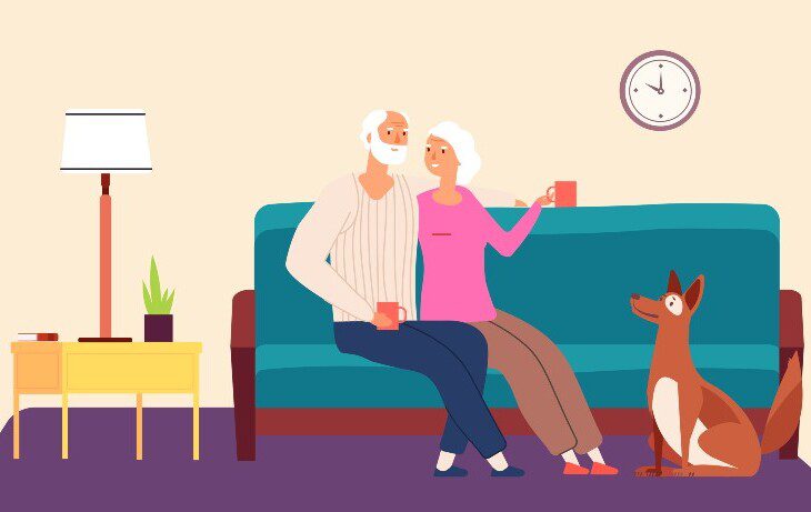 cartoon of elderly couple enjoying some coffee on the couch with their dog sitting in front of them