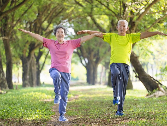 Happy senior couple exercising in the park