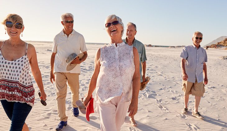 Friends Walking Along Sandy Beach On Summer Group Vacation