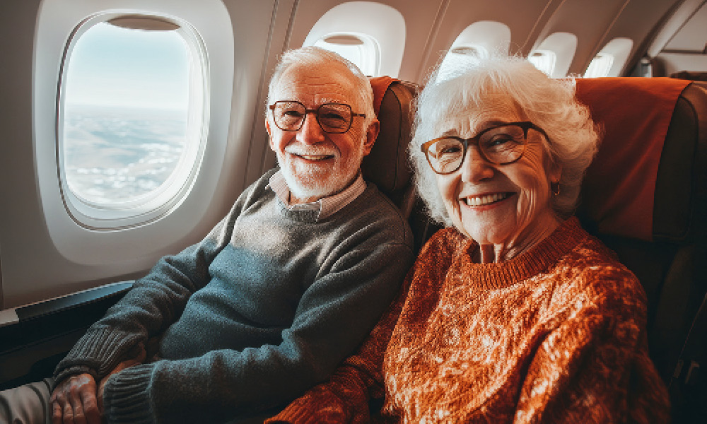 elderly couple smiling while sitting on a plane.