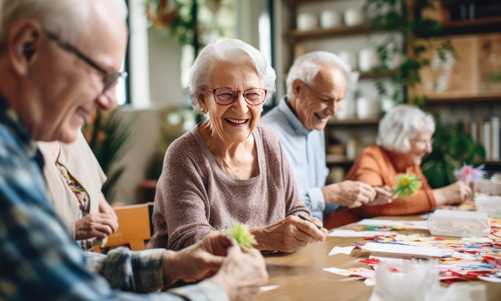 Group of elderly smiling while doing crafts together.