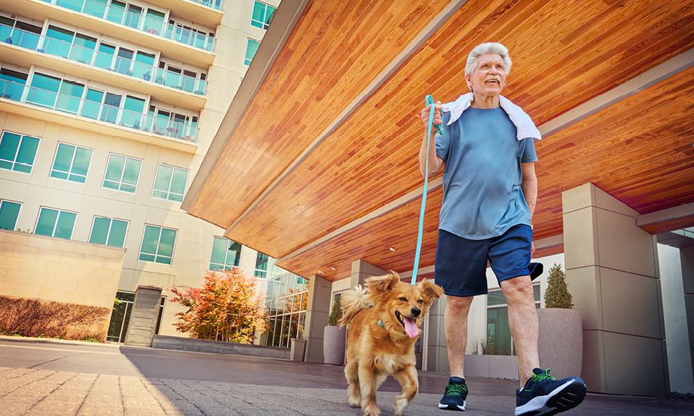 smiling man while talking his dog for a walk.