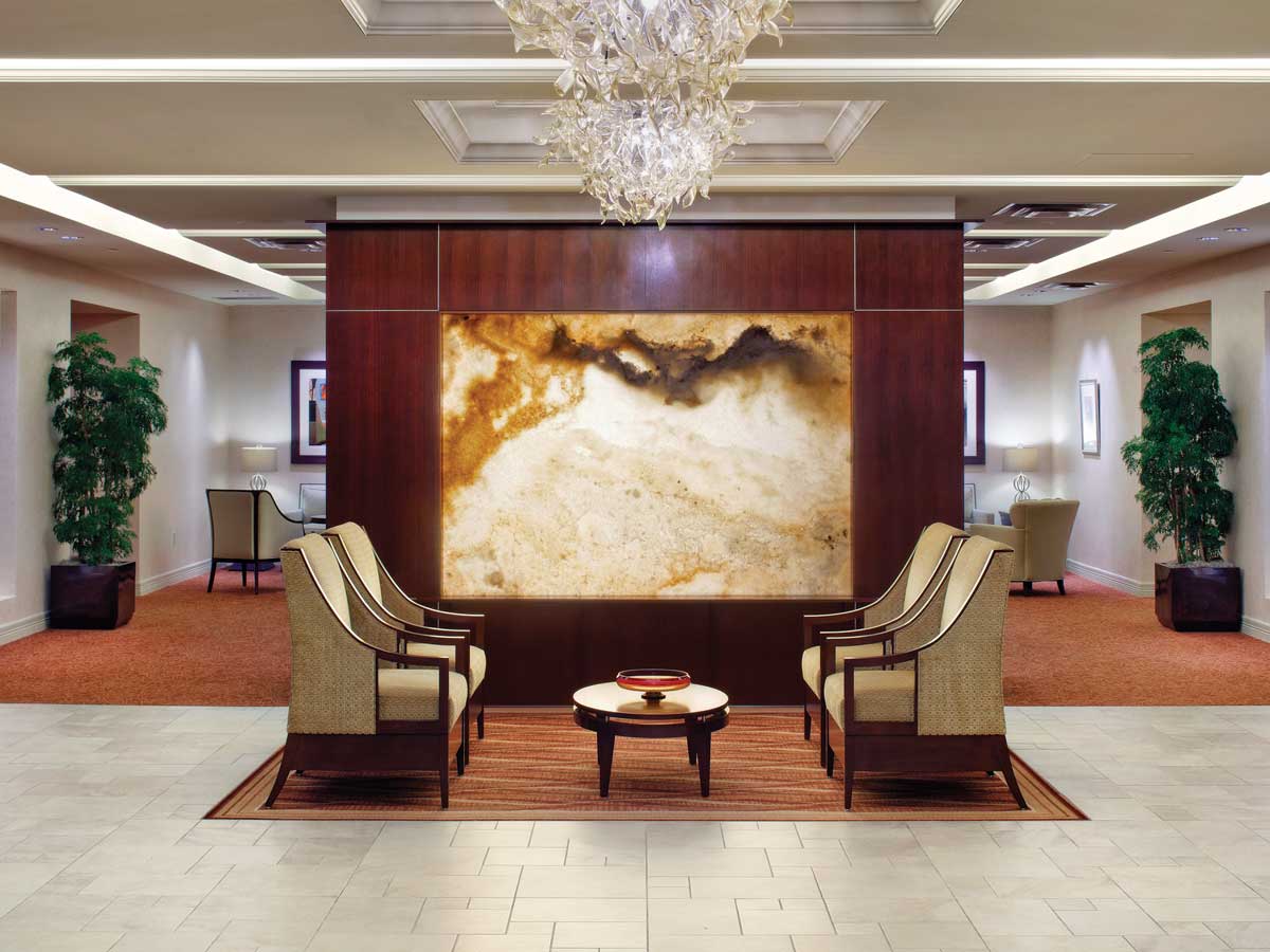 Lounge area at the Stayton with a marble painting.